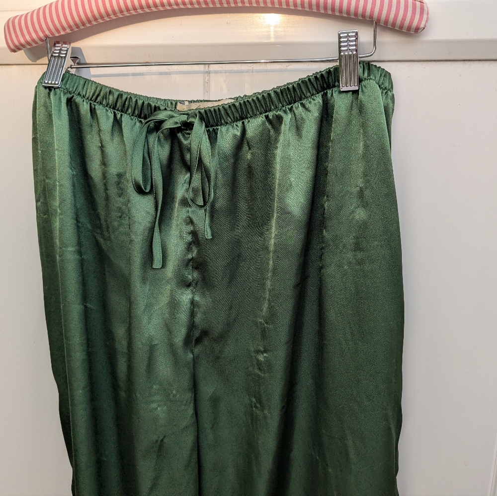 Satin Lounge Intimates Women Pajamas Pant Olive Green Embroidered Trim Size 14